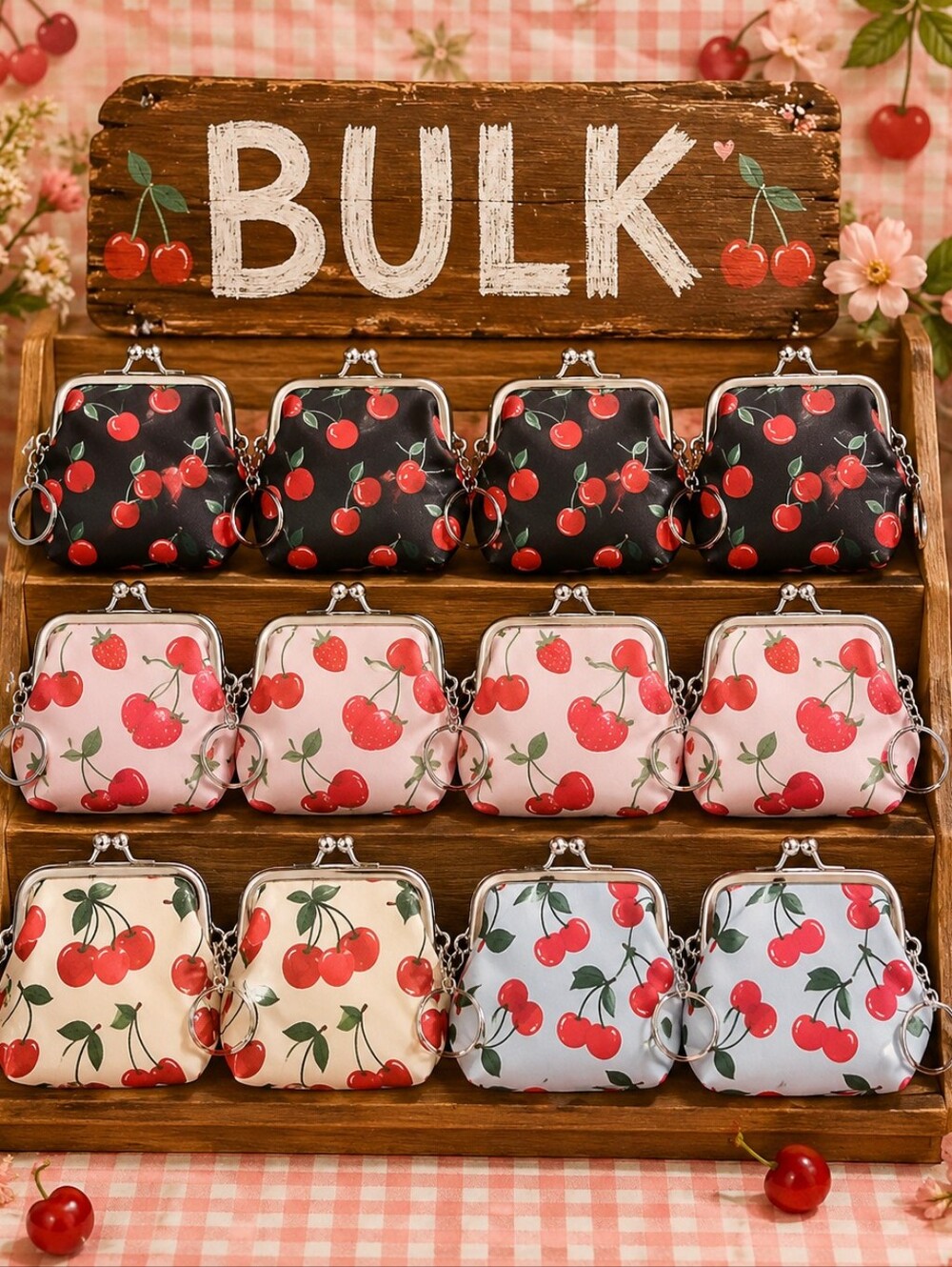 BULK Cherry/Strawberry Print Kiss Lock Coin Purse/Keychain